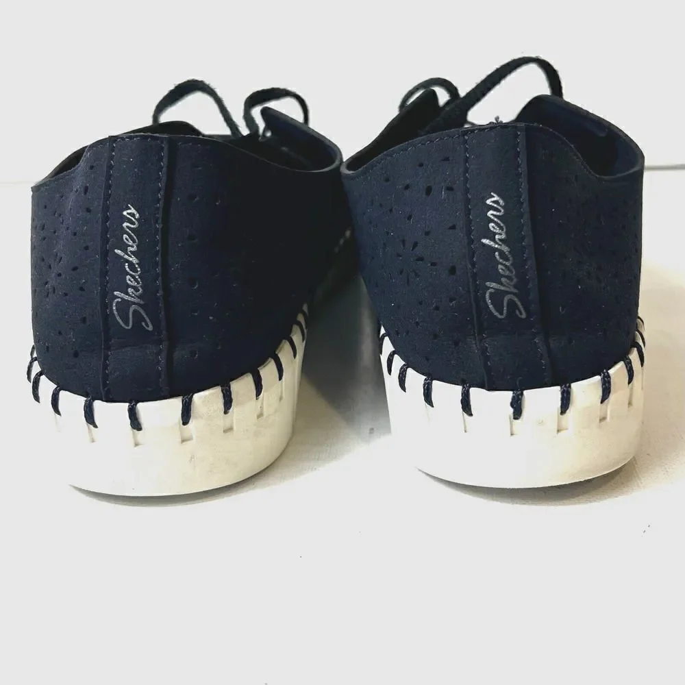 SKECHERS Air Cooled Memory Foam Womens 10 Navy Blue Fabric Lace Up Sneaker Flats